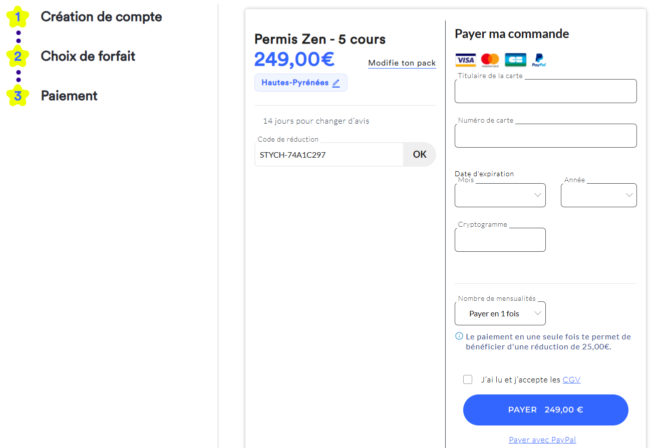 Saisie du code promo STYCH-74A1C297 dans le champ code de r&eacute;duction Stych